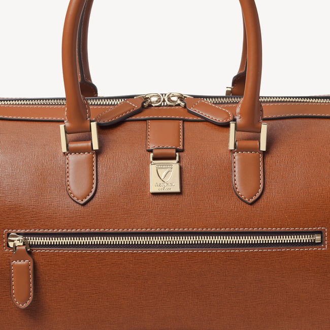 Connaught Flight Work Bag Tan Saffiano with Gold Hardware