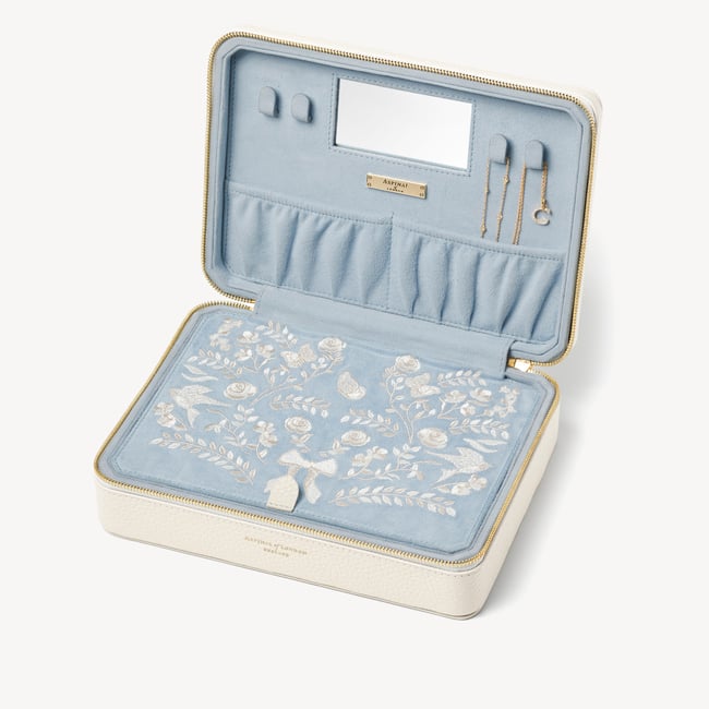 Large Travel Jewellery Case Embroidered Ivory Pebble 