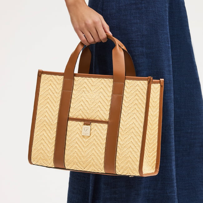 Henley Tote Natural Chevron Raffia & Smooth Tan