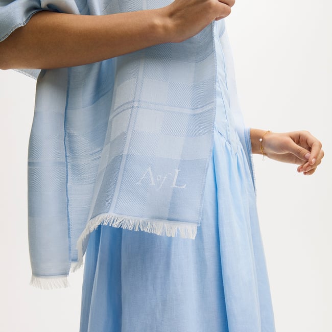 Silk Check Scarf Sky Blue Silk Modal