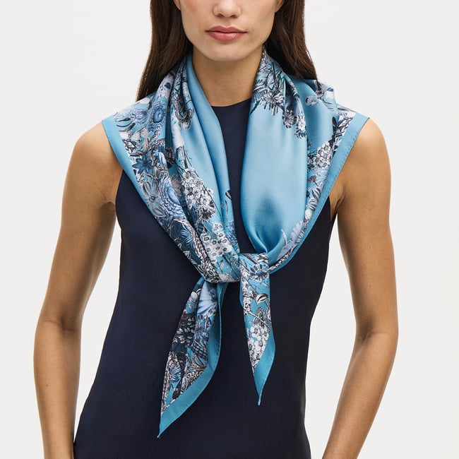Ombre 'A' Floral Silk Scarf Sky Blue Pure Silk