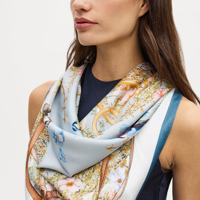 Edwardian Garden Silk Scarf Sky Blue Pure Silk