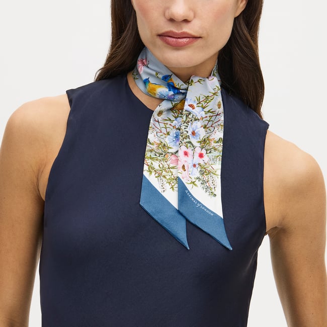 Edwardian Garden Skinny Silk Scarf Sky Blue Pure Silk