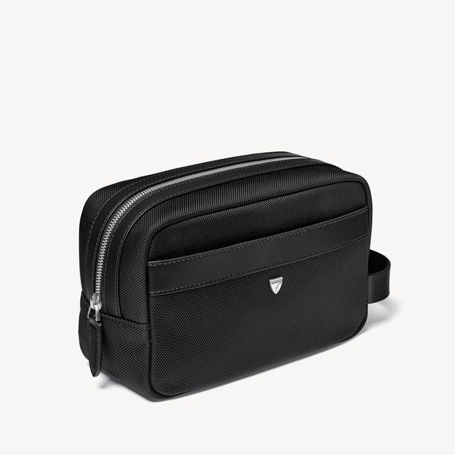 Men's Wash Bag Black Nylon Canvas with Leather Trim