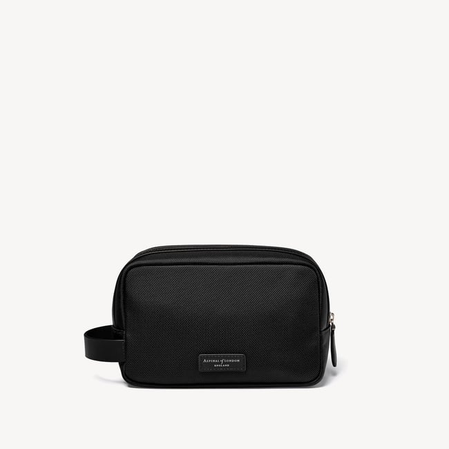 Men's Wash Bag Black Nylon Canvas with Leather Trim
