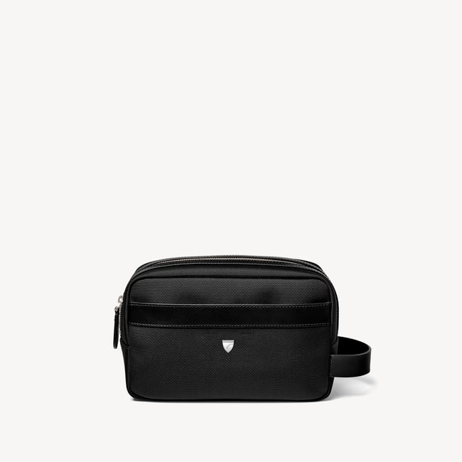 Men's Wash Bag Black Nylon Canvas with Leather Trim