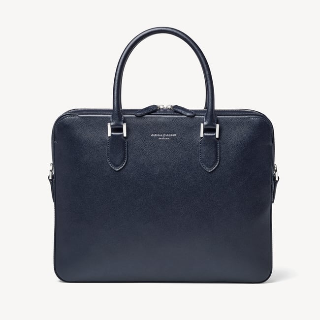 Slim Leather Briefcase  Navy Saffiano