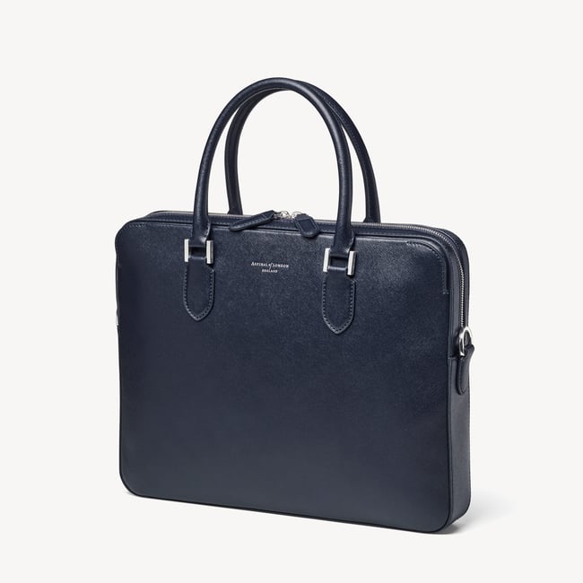 Slim Leather Briefcase  Navy Saffiano