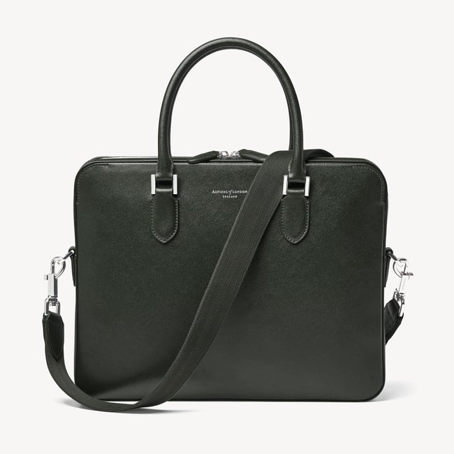 Slim Leather Briefcase Forest Green Saffiano