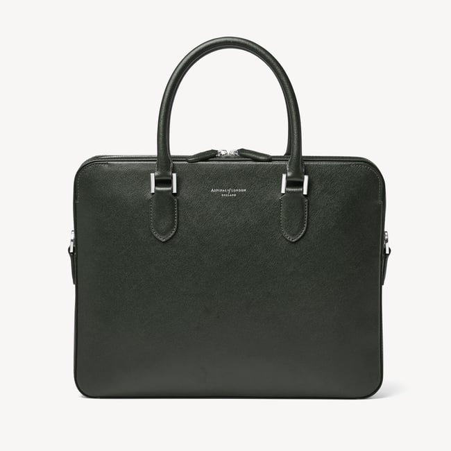 Slim Leather Briefcase Forest Green Saffiano