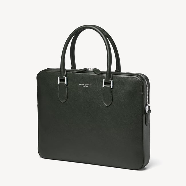 Slim Leather Briefcase Forest Green Saffiano