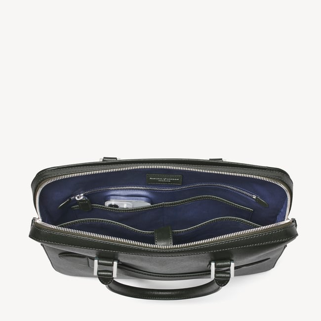 Slim Leather Briefcase Forest Green Saffiano