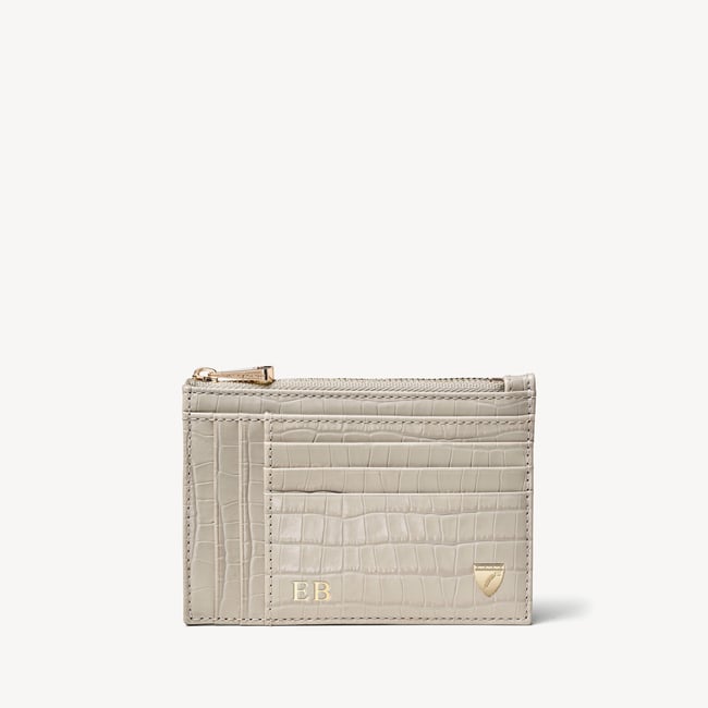 Double Sided Zipped Card & Coin Holder Deep Shine Dove Grey Small Croc