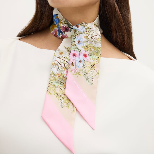 Edwardian Garden Skinny Silk Scarf Putty Pure Silk