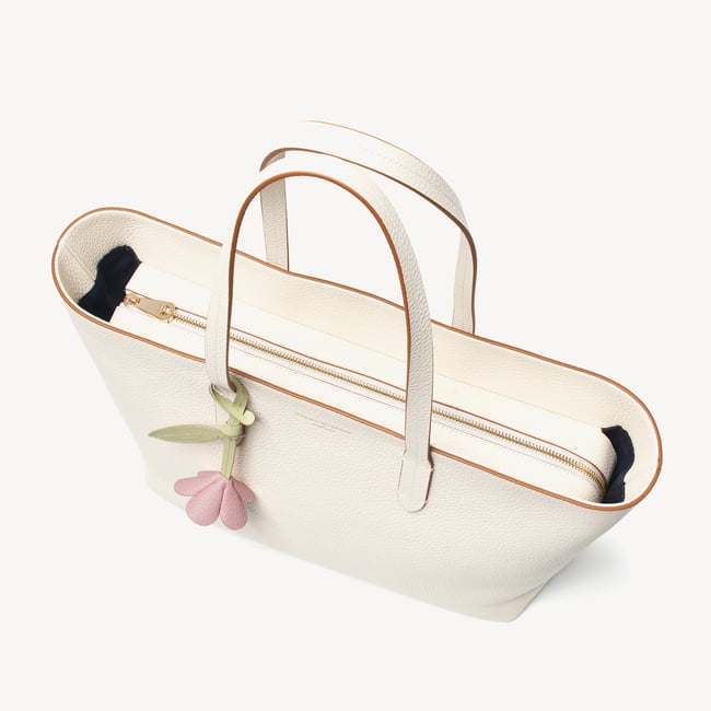 Zipped East West Tote with Bee & Flower Charm Ivory Pebble