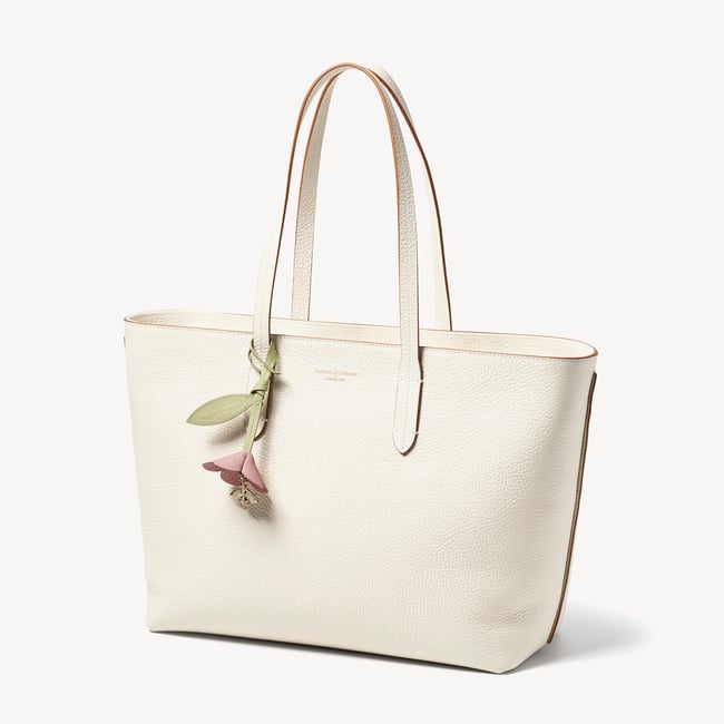 Zipped East West Tote with Bee & Flower Charm Ivory Pebble