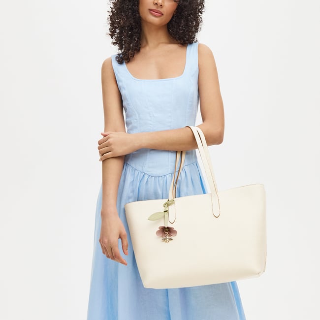 Zipped East West Tote with Bee & Flower Charm Ivory Pebble