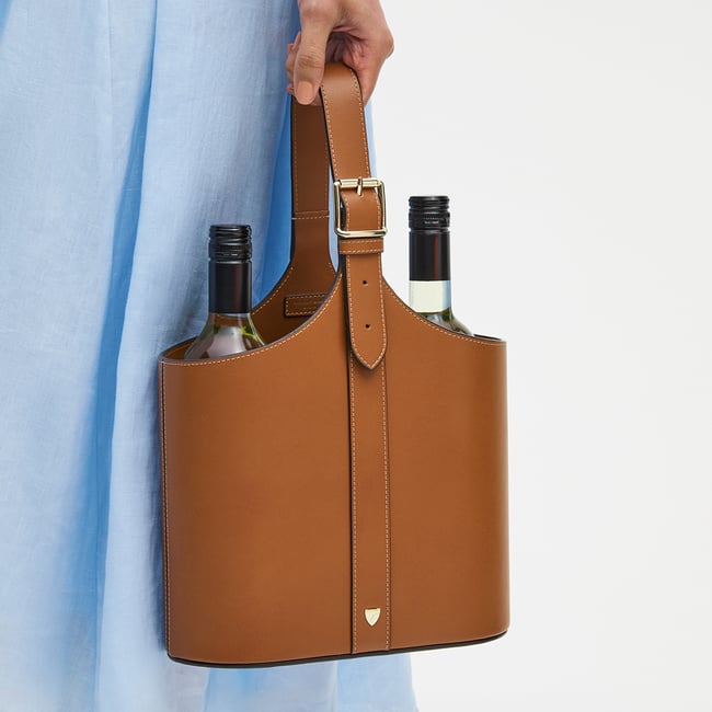Deluxe Leather Duo Wine Bottle Carrier Smooth Tan