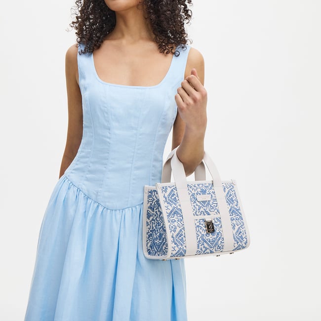 Mini Henley Tote Sky Blue Toile De Jouy Hand Embroidery