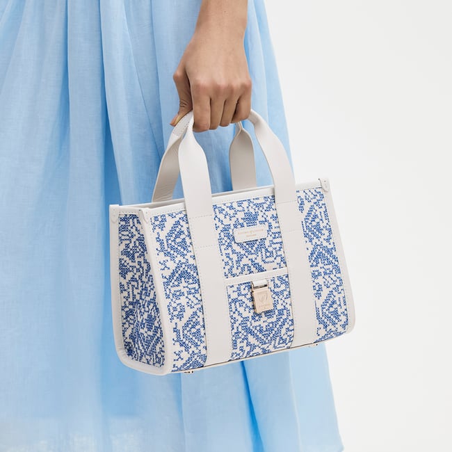 Mini Henley Tote Sky Blue Toile De Jouy Hand Embroidery