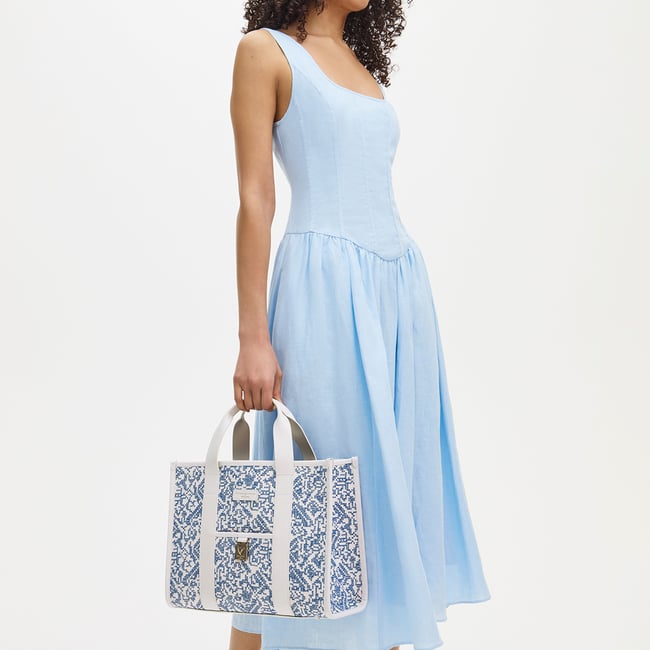 Henley Tote Sky Blue Toile De Jouy Hand Embroidery