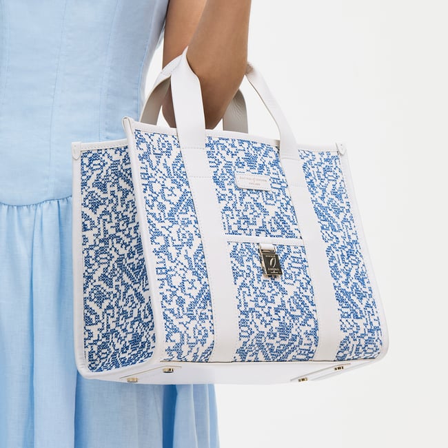 Henley Tote Sky Blue Toile De Jouy Hand Embroidery