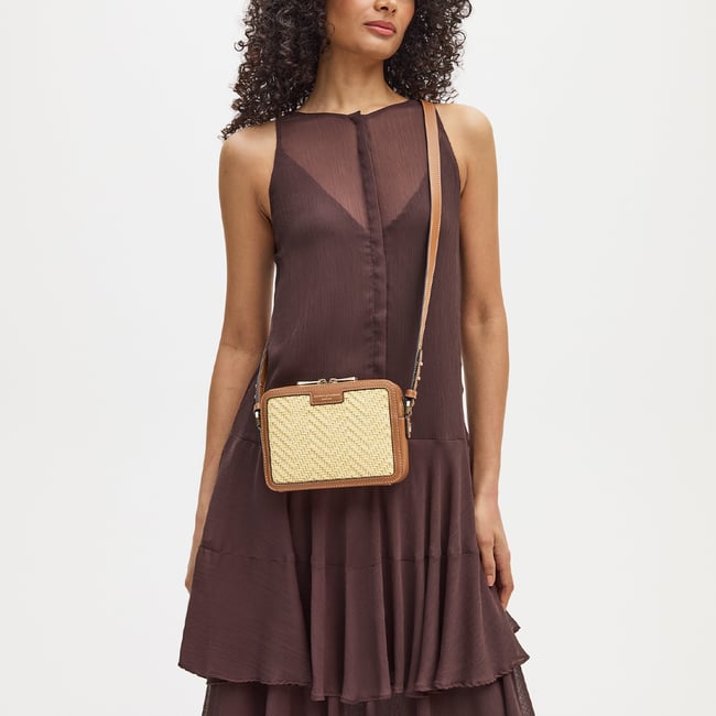 Camera Crossbody Natural Chevron Raffia & Smooth Tan