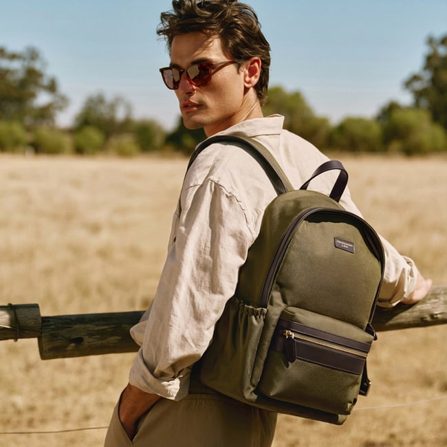 Men's Backpack Olive Nylon Canvas with Leather Trim