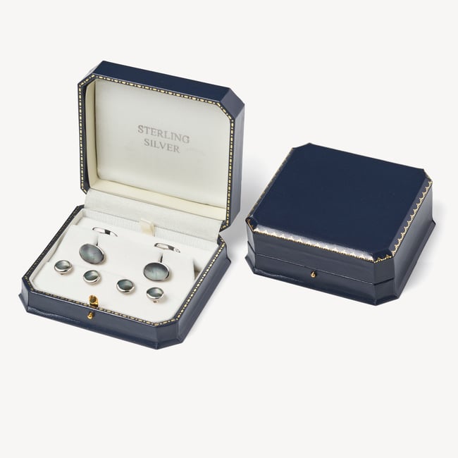 Oval Cufflinks & Dress Shirt Studs Set Black Mother of Pearl & Sterling Silver 925