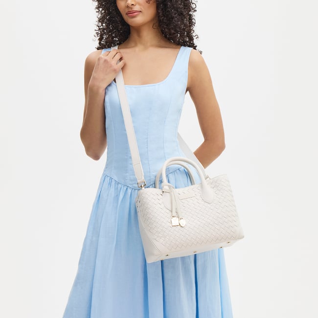 Midi London Tote Chalk White Woven Leather