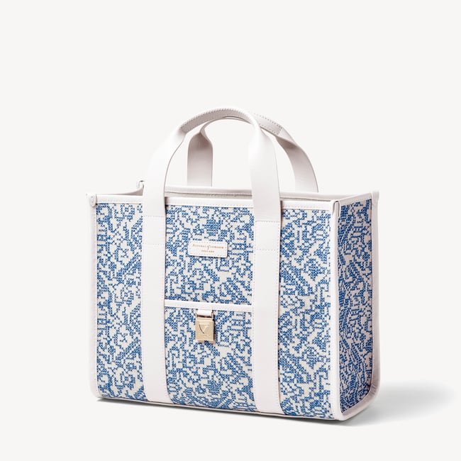 Henley Tote Sky Blue Toile De Jouy Hand Embroidery