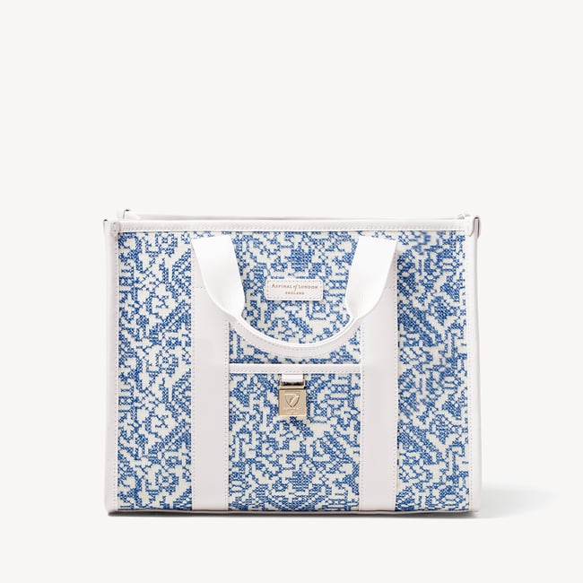 Henley Tote Sky Blue Toile De Jouy Hand Embroidery