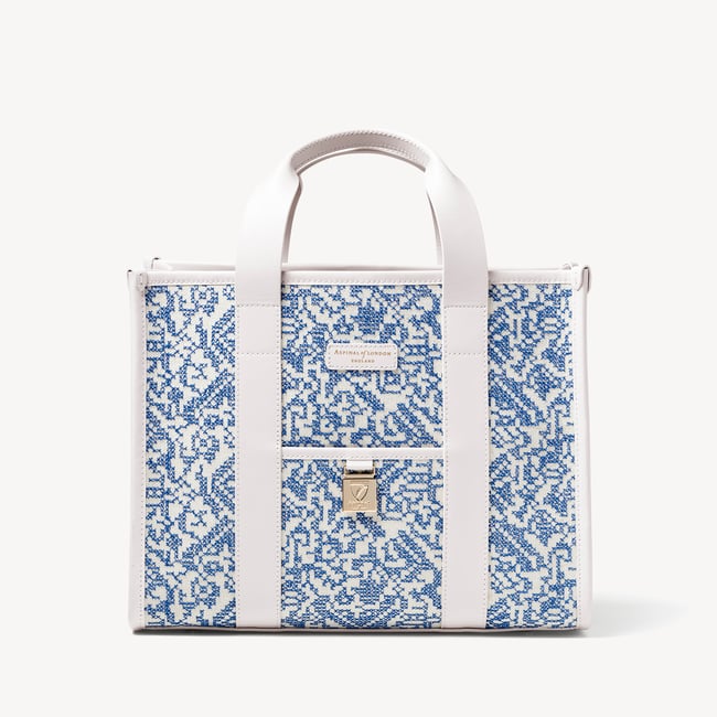 Henley Tote Sky Blue Toile De Jouy Hand Embroidery