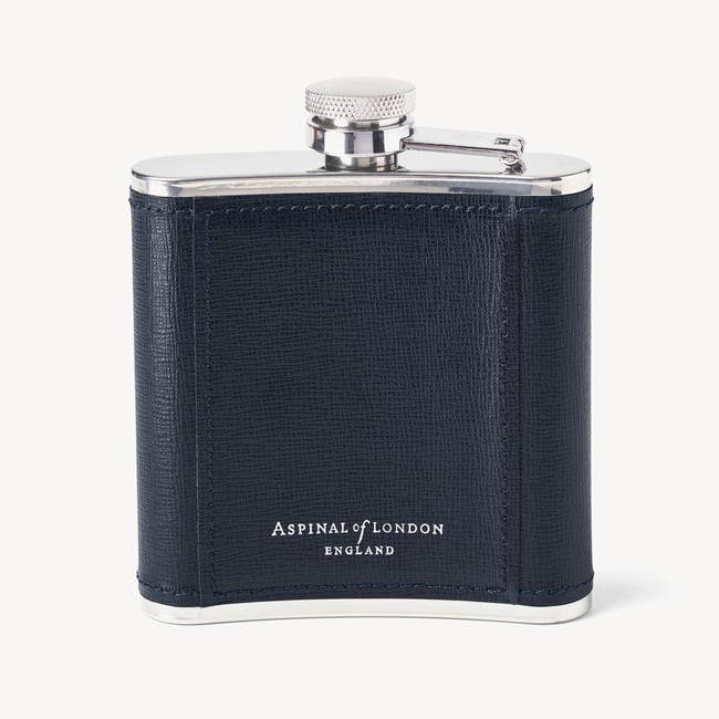 Classic 5oz Leather Hip Flask  Navy Saffiano