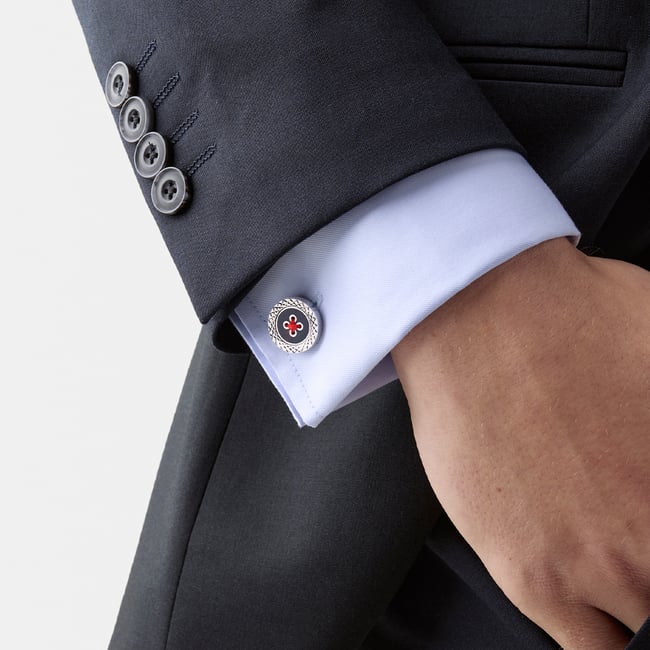 Engraved Edge Button Cufflinks Navy Enamel & Sterling Silver 925