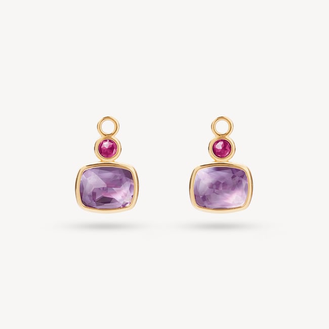 Duo Gemstone Charm Hoop Earrings Purple Amethyst & Rhodolite Garnet