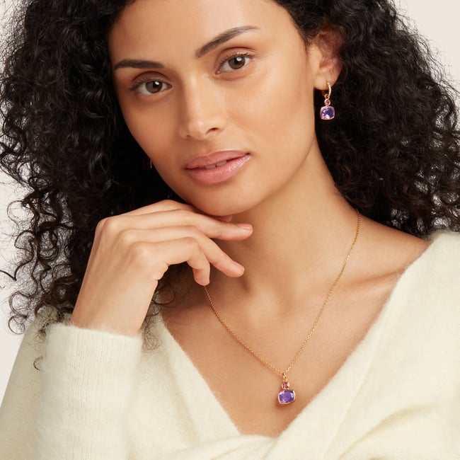 Duo Gemstone Charm Hoop Earrings Purple Amethyst & Rhodolite Garnet