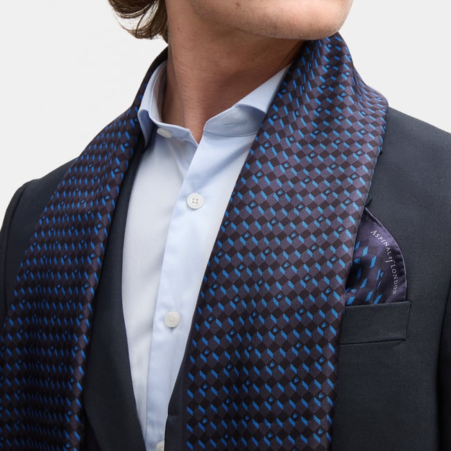 Pure Silk Tassel Scarf Navy Falling Shields