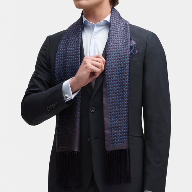 Pure Silk Tassel Scarf Navy Falling Shields