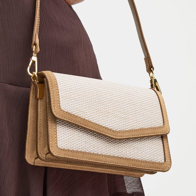 Eliza Clutch Ivory Raffia & Cappuccino Suede