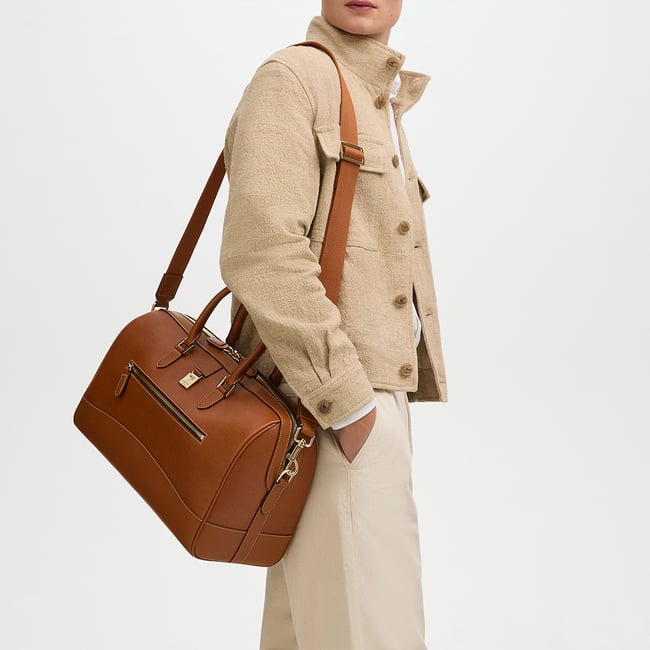 Connaught Flight Work Bag Tan Saffiano with Gold Hardware