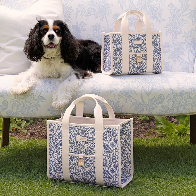 Henley Tote Sky Blue Toile De Jouy Hand Embroidery