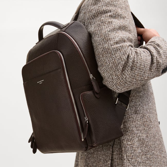 Zipped Leather Backpack Chocolate Pebble