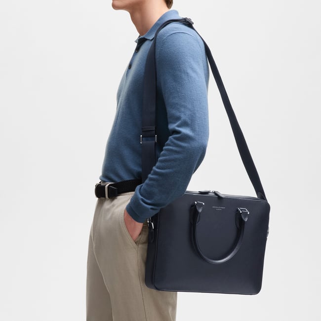Slim Leather Briefcase  Navy Saffiano
