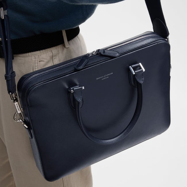 Slim Leather Briefcase  Navy Saffiano