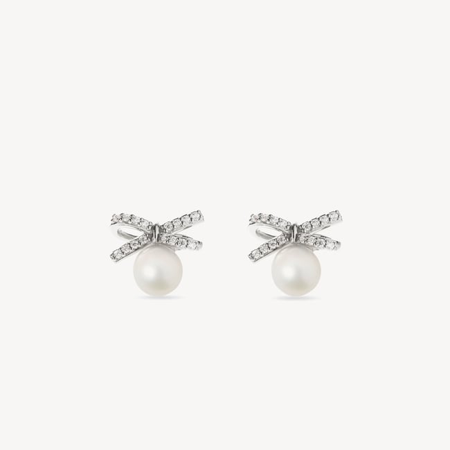 Diamond & Pearl Bow Stud Earrings 0.16ct Diamond