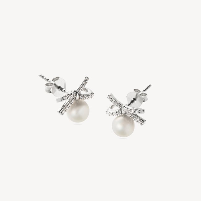 Diamond & Pearl Bow Stud Earrings 0.16ct Diamond