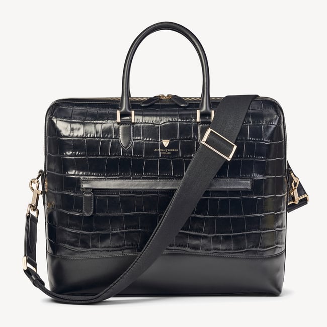 City Structured Briefcase Deep Shine Black Soft Croc