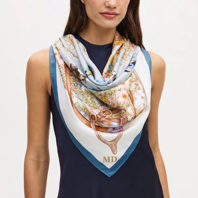Edwardian Garden Silk Scarf Sky Blue Pure Silk