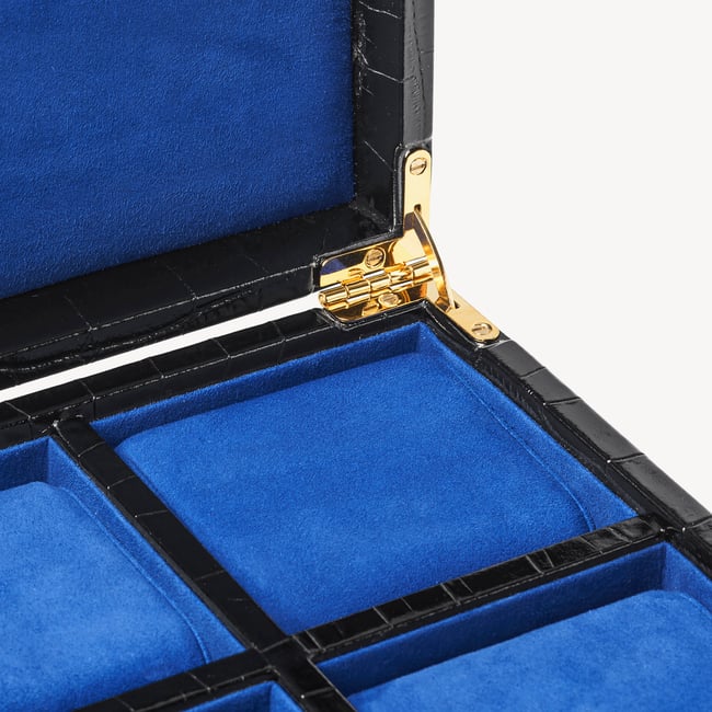 Four Piece Watch Box Deep Shine Black Croc & Cobalt Blue Suede